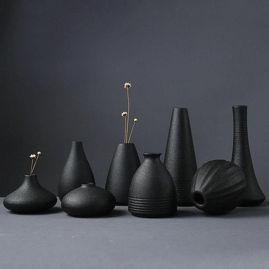 Black as Night Textured Ceramic Vases-Vases