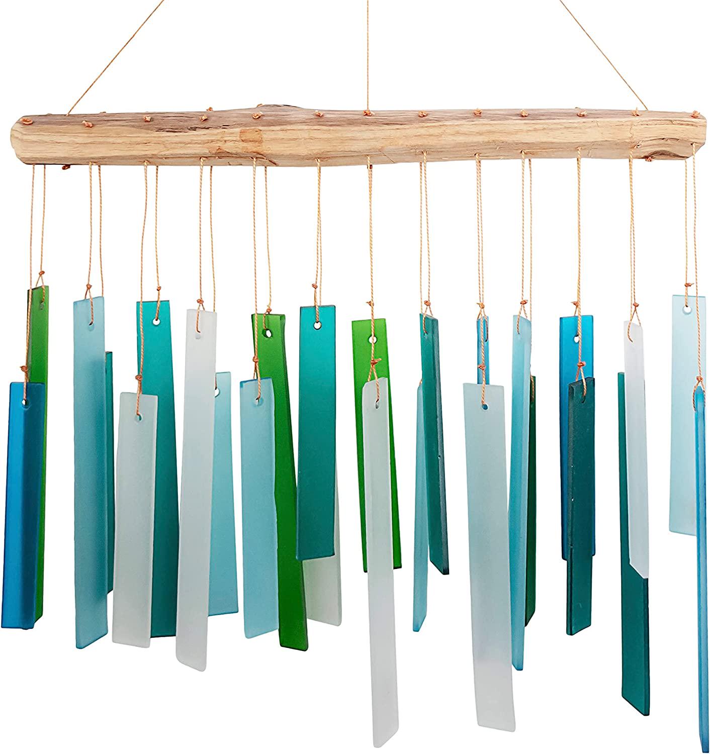 Blue Handworks Seaglass and Driftwood Chime, Sandblasted Glass and Found Wood Handcrafted Wind Chime-