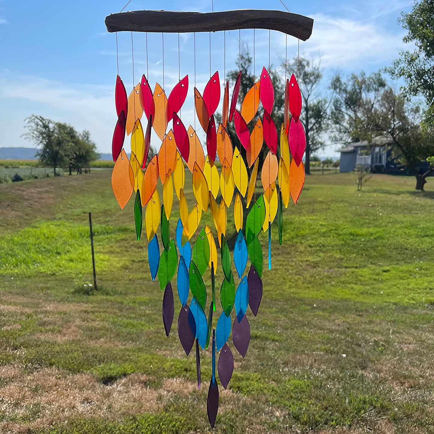 Blue Handworks Deluxe Waterfall and Driftwood Chime, Sandblasted Glass and Found Wood Handcrafted Wind Chime