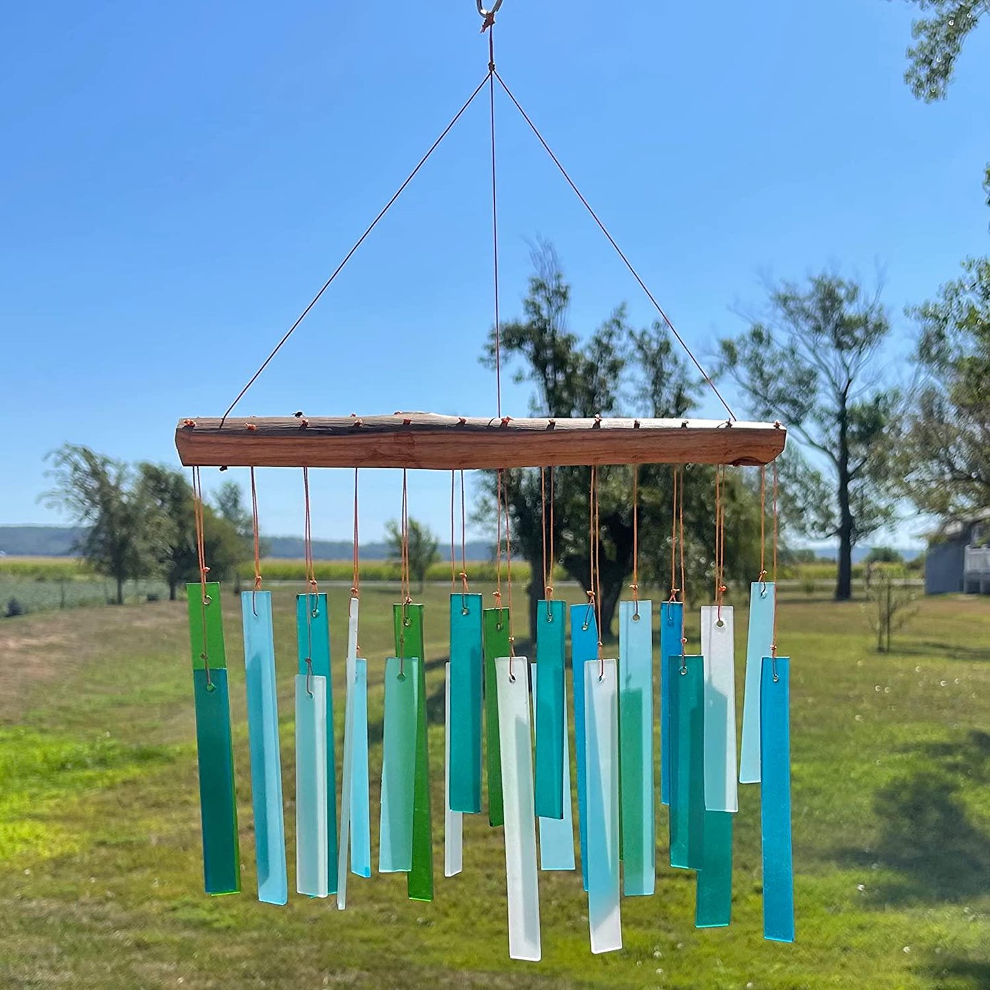 Blue Handworks Seaglass and Driftwood Chime, Sandblasted Glass and Found Wood Handcrafted Wind Chime