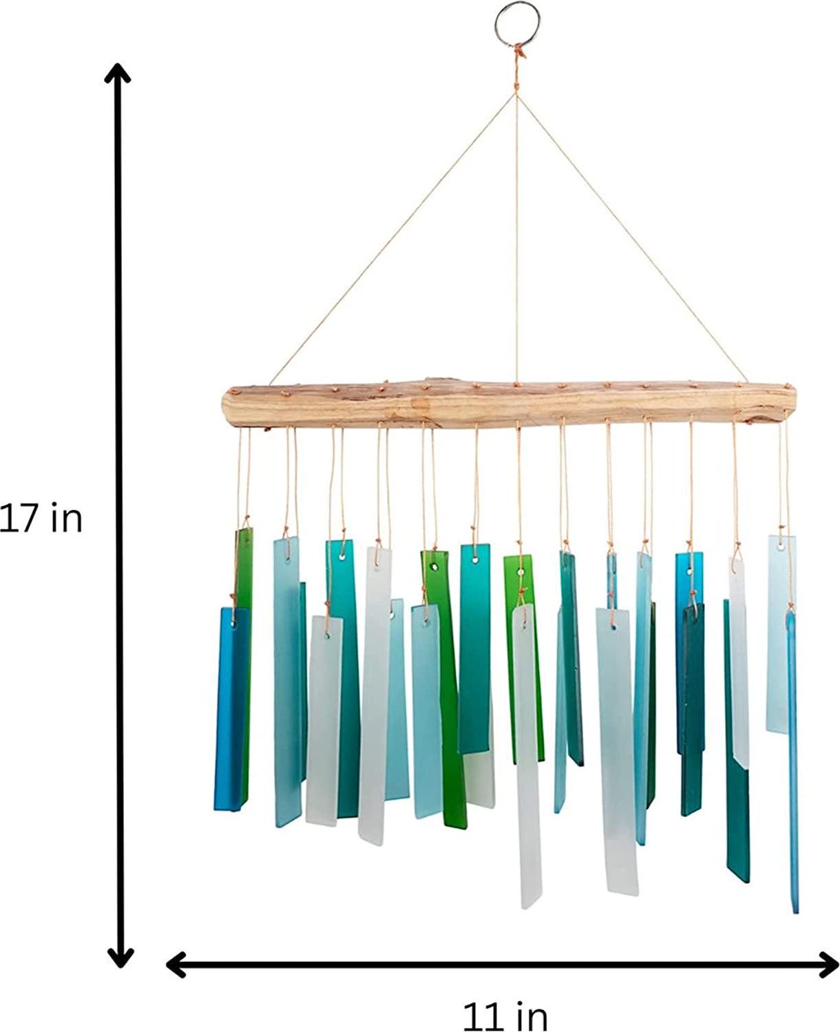 Blue Handworks Seaglass and Driftwood Chime, Sandblasted Glass and Found Wood Handcrafted Wind Chime