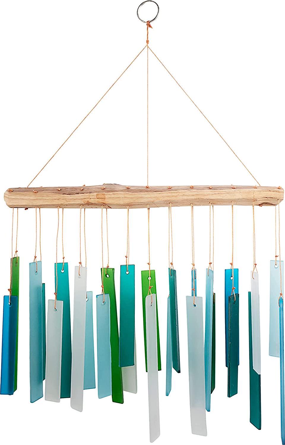 Blue Handworks Seaglass and Driftwood Chime, Sandblasted Glass and Found Wood Handcrafted Wind Chime