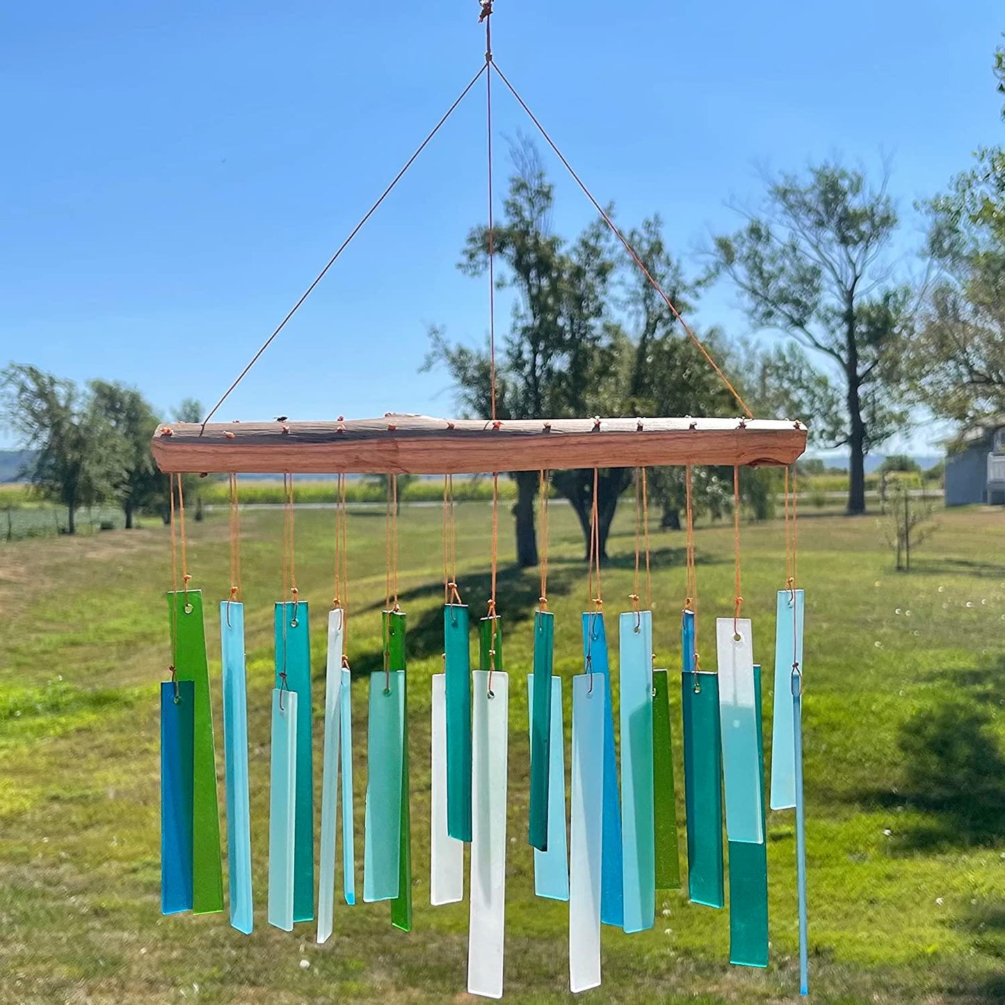 Blue Handworks Seaglass and Driftwood Chime, Sandblasted Glass and Found Wood Handcrafted Wind Chime