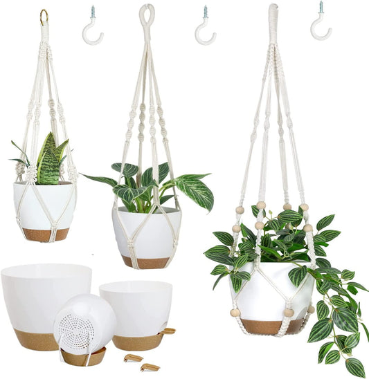 Bouqlife Macrame Plant Hangers with Self Watering Pots 3 Pack Hanging Planters for Indoor Plants-
