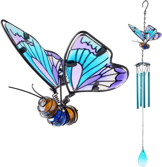 Butterfly Wind Chimes, AVEKI 27.5''H Iron Stained Glass Butterfly Wind Chimes Gifts for Mom Outdoor/Indoor Wind Chimes for Home, Garden, Window, Yard, Patio, Lawn Decoration (Blue)-