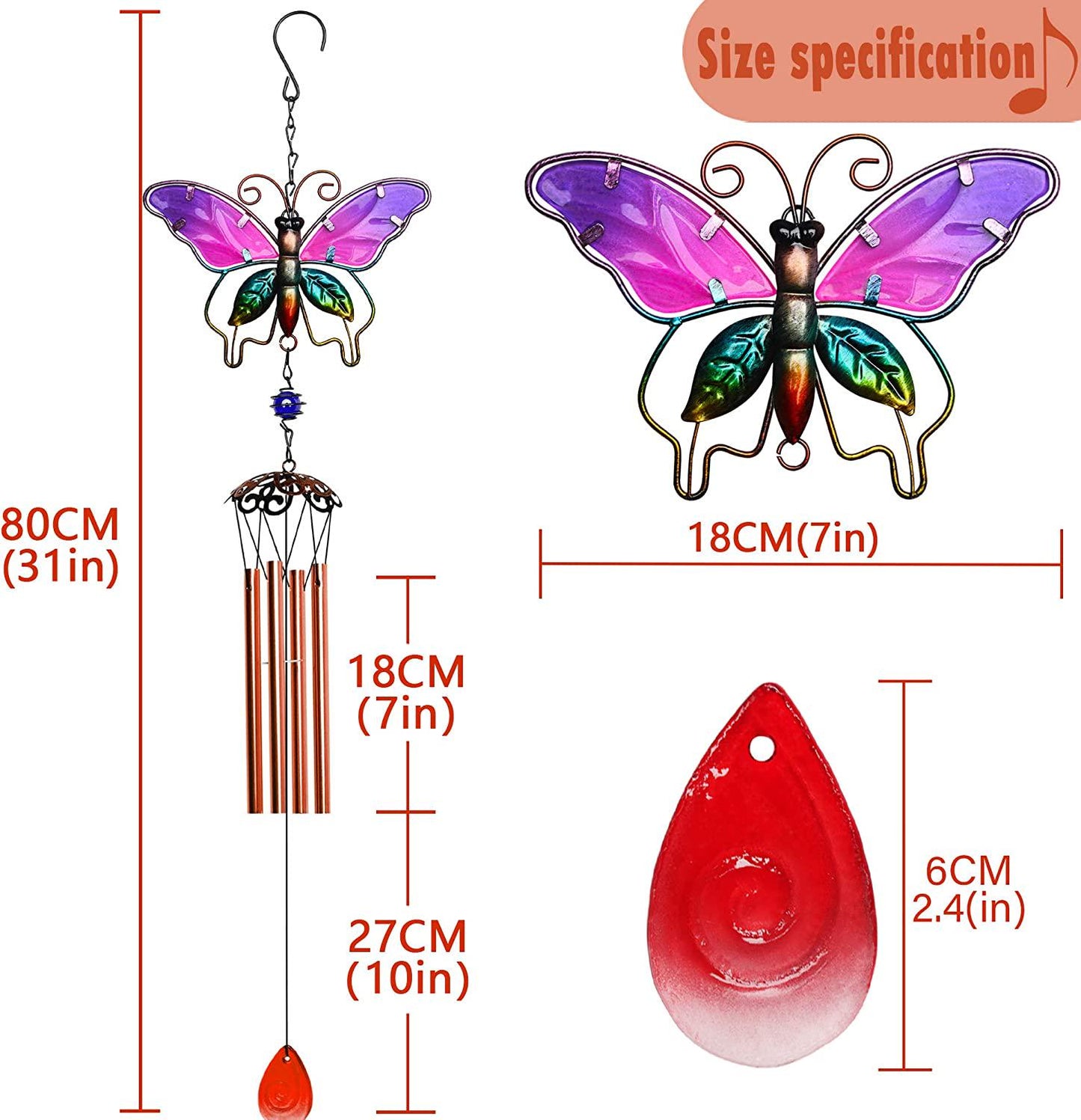 Butterfly Wind Chimes Indoor Outdoor 31 Metal Glass Music Wind Chime Mobile Romantic Chimes for Garden, Patio, Yard, Backyard or Festival Decor/Best Mothers and Women Gifts