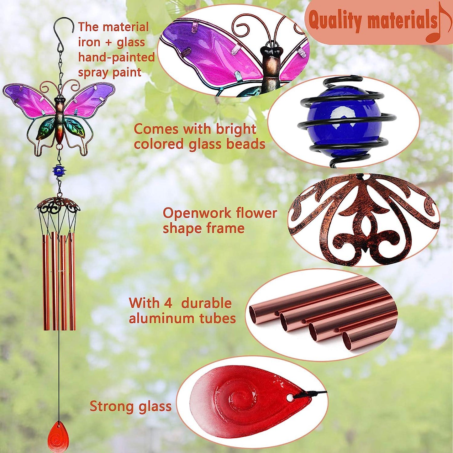 Butterfly Wind Chimes Indoor Outdoor 31 Metal Glass Music Wind Chime Mobile Romantic Chimes for Garden, Patio, Yard, Backyard or Festival Decor/Best Mothers and Women Gifts