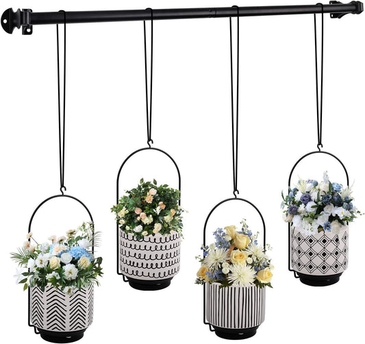 CASEWIN 4PC Ceramic Hanging Planters for Indoor with 4 Inch Self Watering Hanging Plants Pots - Metal Wall Window Plant Hanger Outdoor with Drainage Holes and Removable Saucer for Garden Home (Ivory)-