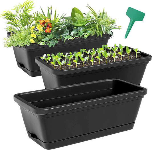 CEED4U 17 Inches 3 Packs Black Window Box Rectangular Flower Vegetable Planter Boxes Plastic Flower Pot with 15 Pcs Plant Labels, Plant Container with Saucer for Windowsill, Patio, Garden, Home Décor-