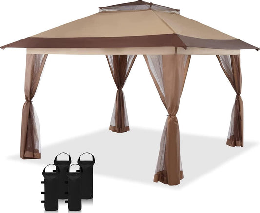 CROWN SHADES 13X13 Outdoor Pop Up Gazebo Base 10X10 Patio Gazebos Patented Center Lock Quick Setup Newly Designed Storage Bag Instant Canopy Tent with Mosquito Nettings (13x13, Beige and Coffee)-