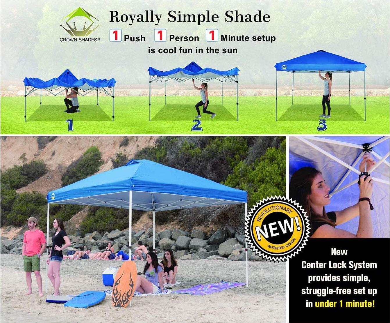 CROWN SHADES 10x10 Pop Up Canopy, Patented One Push Tent Canopy, Newly Designed Storage Bag, 8 Stakes, 4 Sandbags, 4 Ropes, Blue