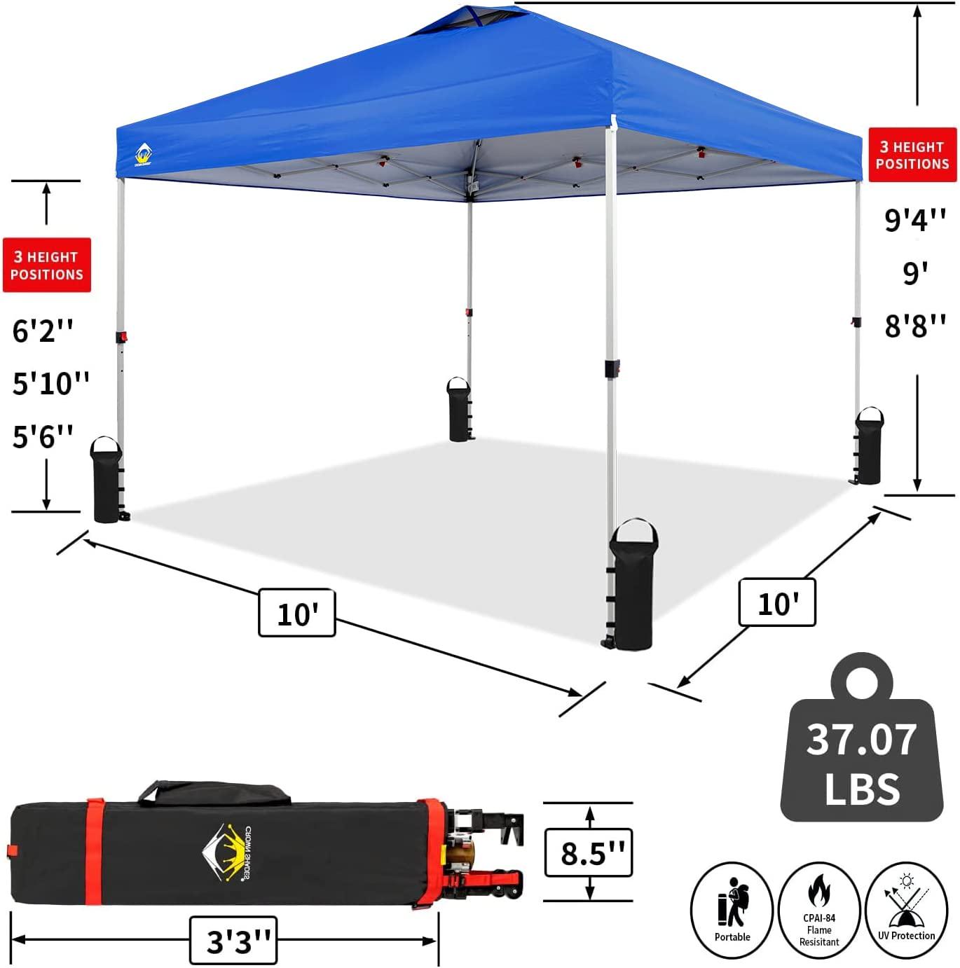 CROWN SHADES 10x10 Pop Up Canopy, Patented One Push Tent Canopy, Newly Designed Storage Bag, 8 Stakes, 4 Sandbags, 4 Ropes, Blue