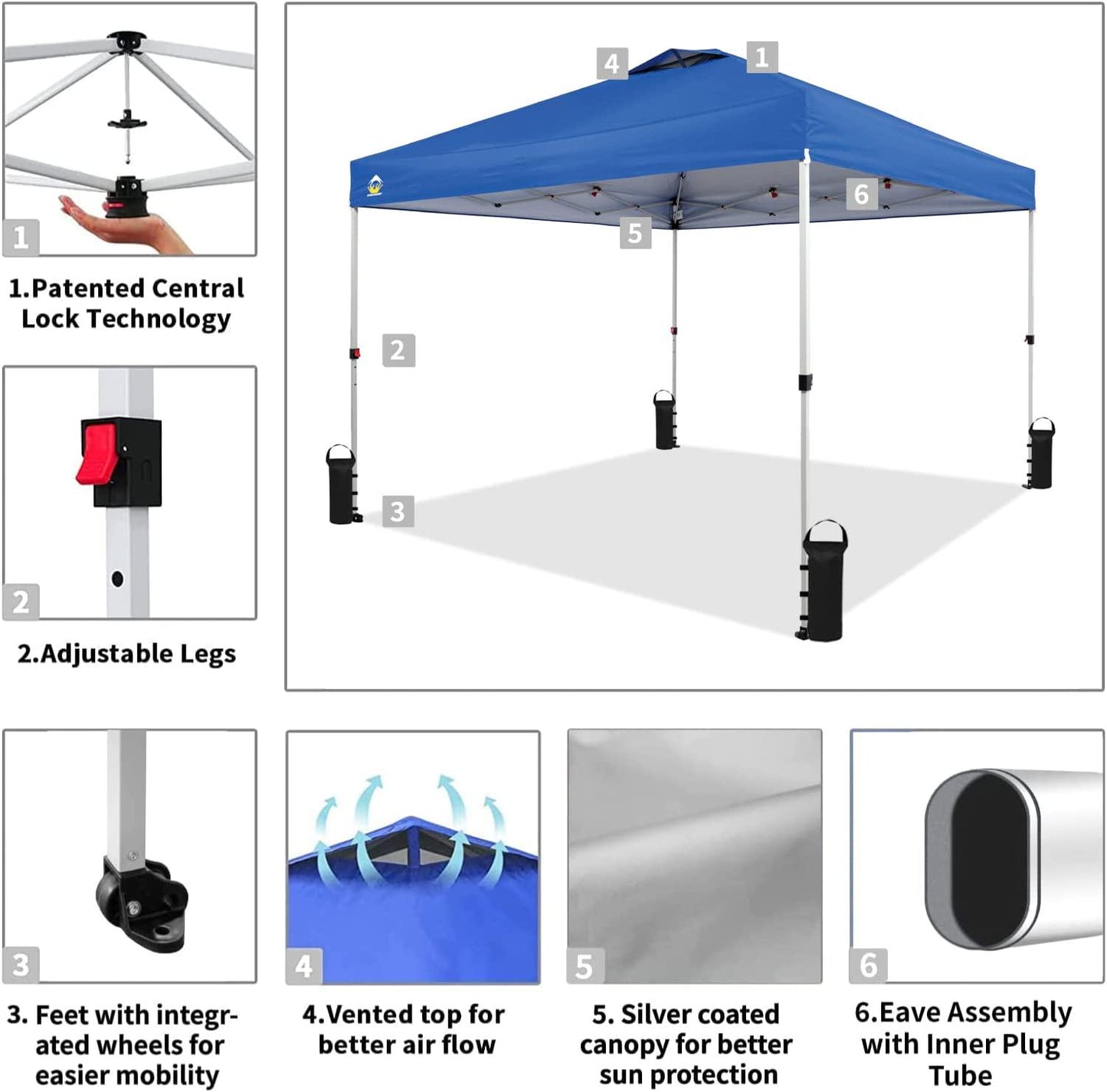 CROWN SHADES 10x10 Pop Up Canopy, Patented One Push Tent Canopy, Newly Designed Storage Bag, 8 Stakes, 4 Sandbags, 4 Ropes, Blue