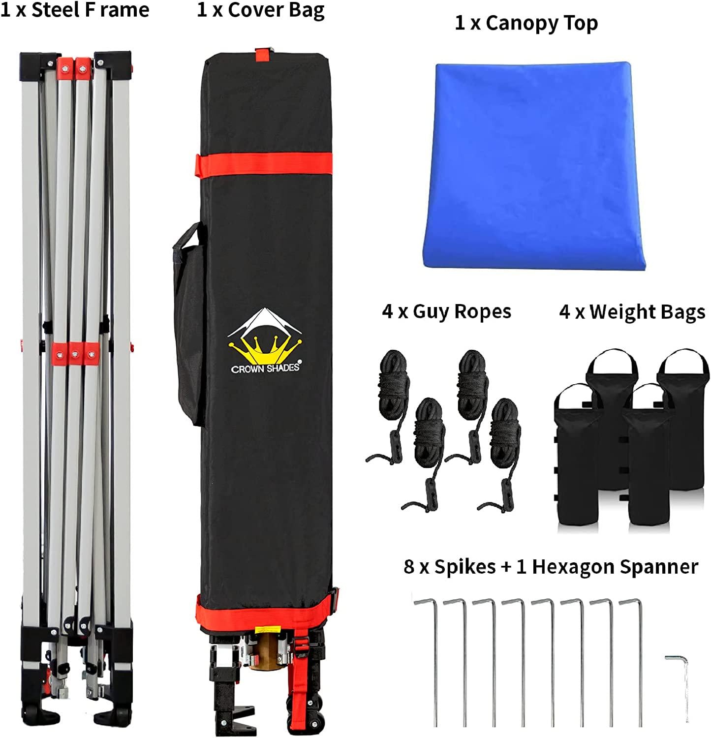 CROWN SHADES 10x10 Pop Up Canopy, Patented One Push Tent Canopy, Newly Designed Storage Bag, 8 Stakes, 4 Sandbags, 4 Ropes, Blue