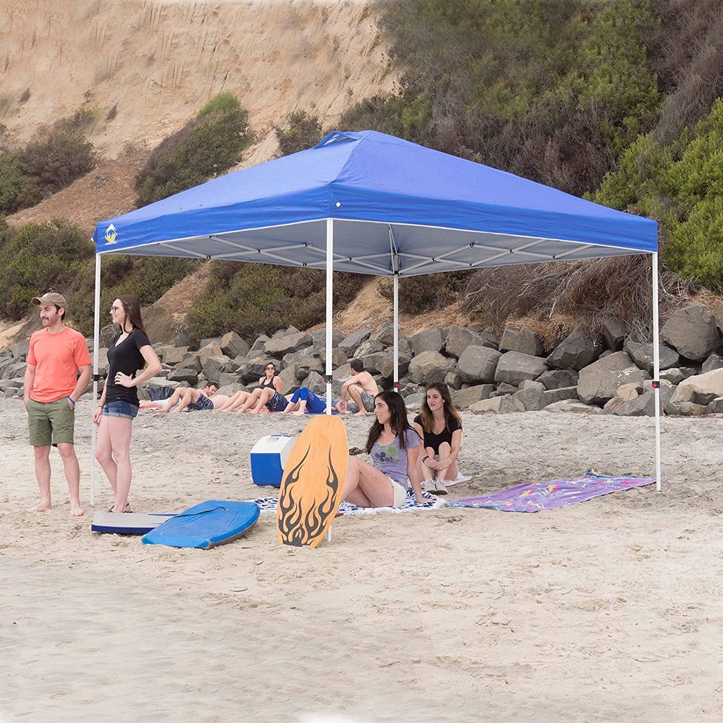 CROWN SHADES 10x10 Pop Up Canopy, Patented One Push Tent Canopy, Newly Designed Storage Bag, 8 Stakes, 4 Sandbags, 4 Ropes, Blue