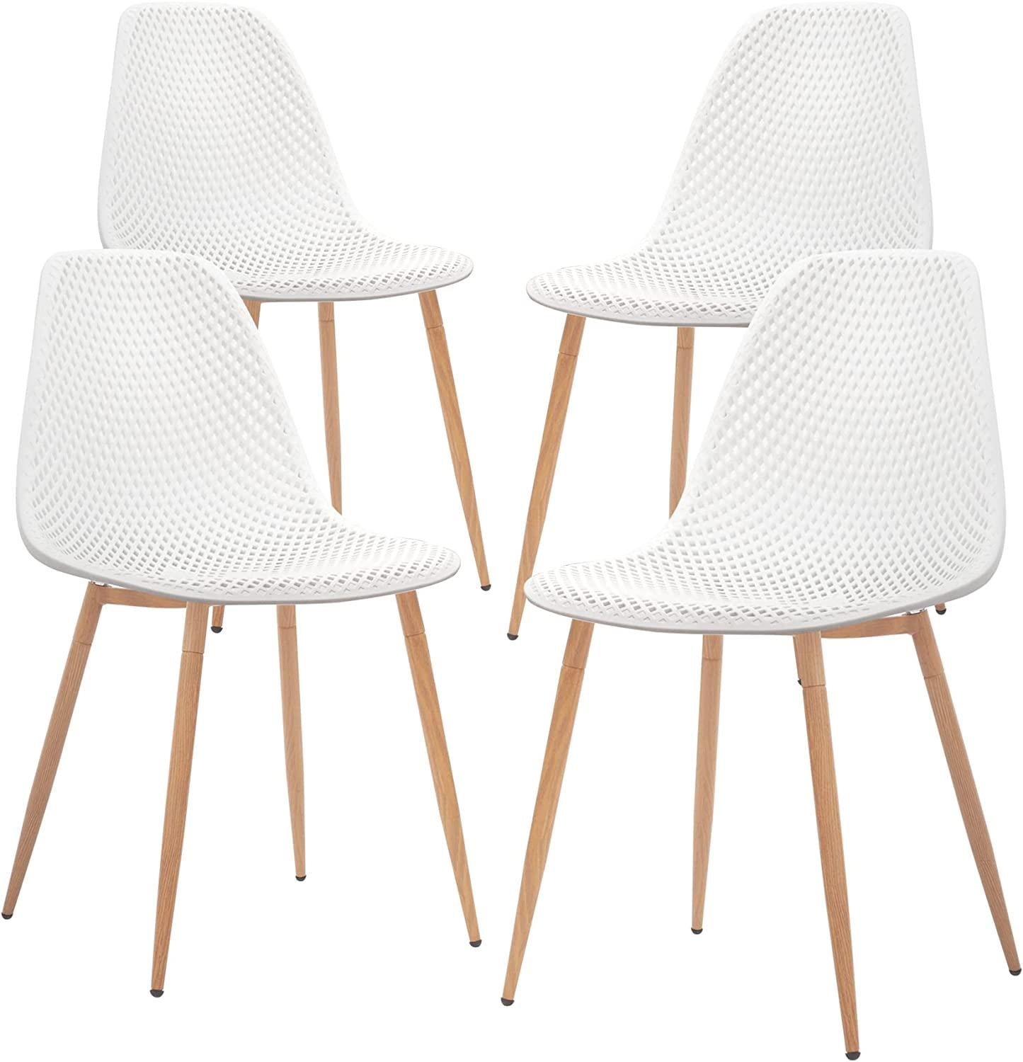 CangLong Dining Mid Century Modern DSW Hollow Back Design Plastic Shell Armless Side Chair with Metal Legs, Set of 4, White