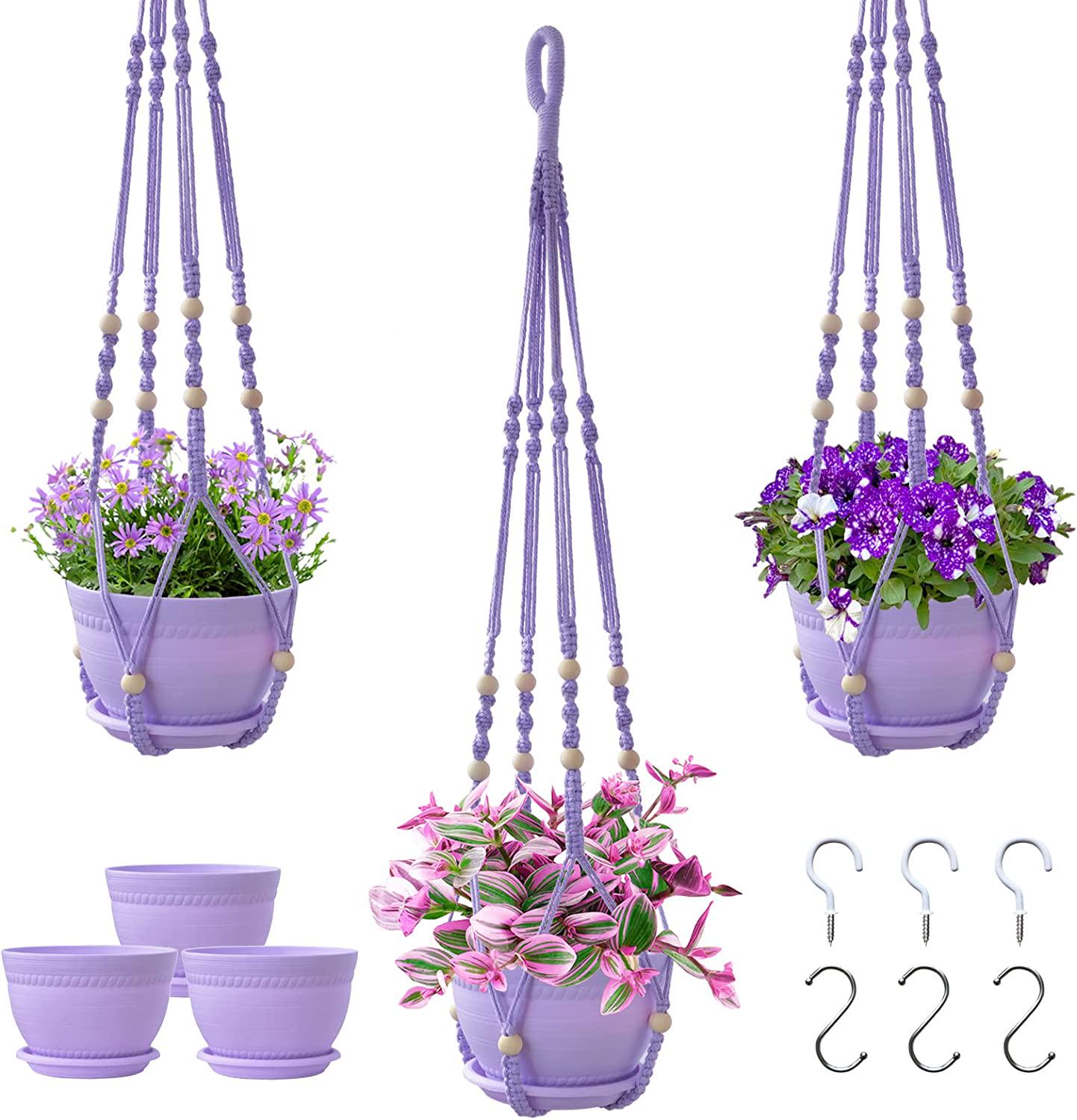 Checrxy Macrame Plant Hanger with Pot, 3 Set Hanging Planters for Indoor Plants, Handmade Cotton Rope Boho Home Decor, Idea Gift for Anyone, Includes Plant Holders, Pots, Plates and Hooks (Purple)-