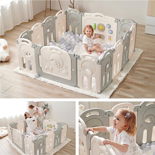 Cloud Castle Foldable Playpen, Baby Safety Play Yard with Whiteboard and Activity Wall, Indoors or Outdoors (Gray, 14 Panel)-