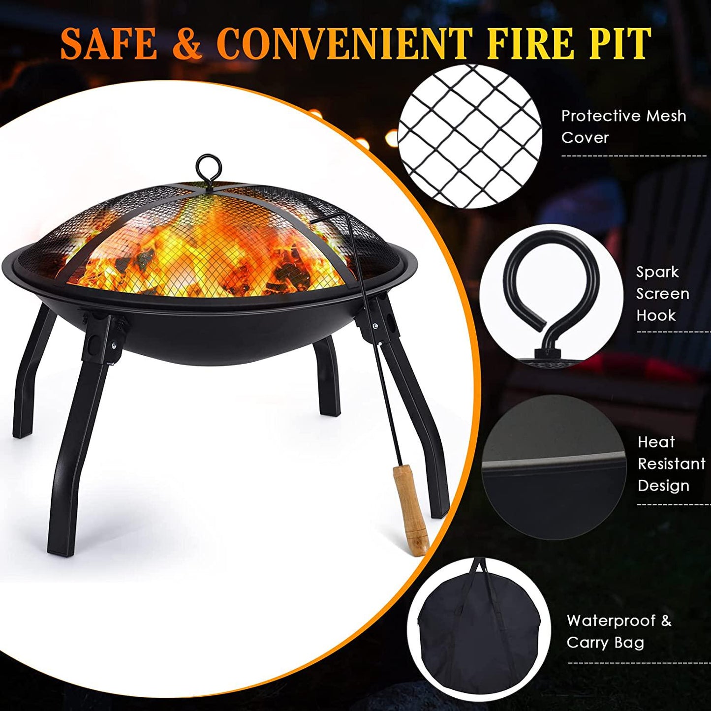 22 in Fire Pit, Wood Burning Folding Firepit with Carry Bag Spark Screen and Poker Stick, 2 Pack Grill, 4 Folding Legs for Fire Pits for Outside, Camping, Picnic, Backyard, BBQ, Electric