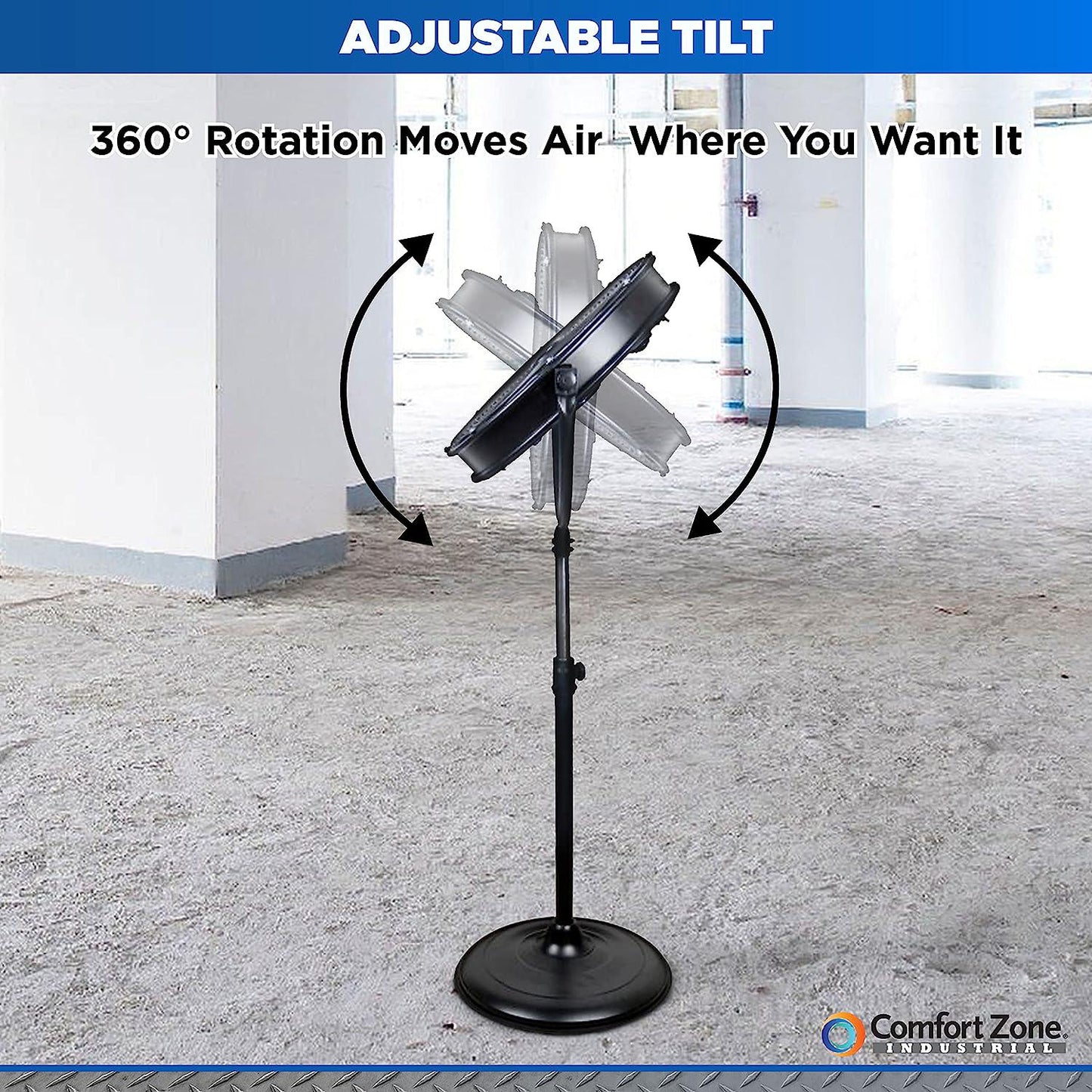 Zone CZHVP20S 20 3-Speed Slim-Profile High-Velocity Industrial Pedestal Fan with Aluminum Blades and Adjustable Tilt, All-Metal Construction, Black