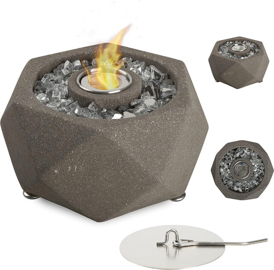 Concrete Tabletop Fire Pit - Hexagonal Mini Portable Fire Pit with Legs for Indoor and Garden, Mini Fire Pit with Extinguisher and 830g x Silver Tempered Fire Glass-