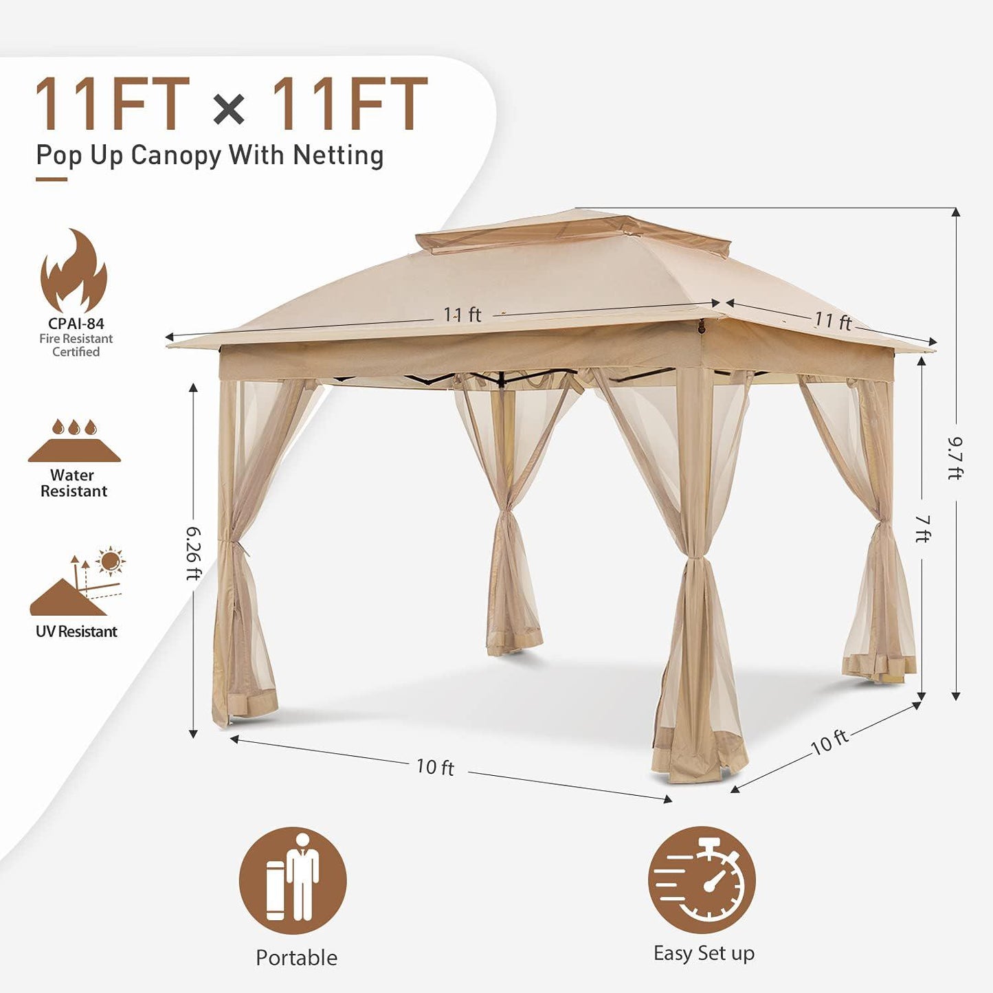 Cool Spot 11x11 Pop-Up Instant Gazebo Tent with Mosquito Netting Outdoor Canopy Shelter with 121 Square Feet of Shade