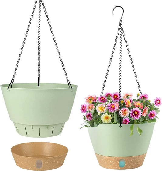 DEMACIYA Hanging Planters for Indoor Plants, 8 Inch Hanging Basket Plant Pots with 3 Hooks Modern Flower Pots Set of 2 with Drainage Hole and Tray for Home, Garden, Outdoor Décor-