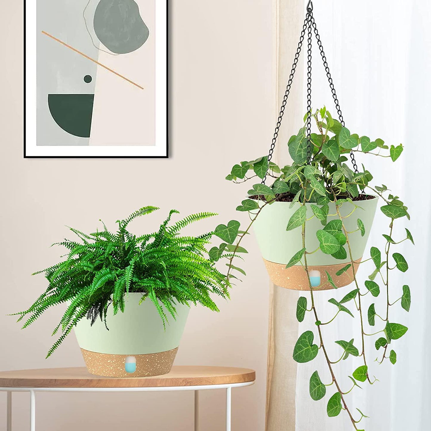 DEMACIYA Hanging Planters for Indoor Plants, 8 Inch Hanging Basket Plant Pots with 3 Hooks Modern Flower Pots Set of 2 with Drainage Hole and Tray for Home, Garden, Outdoor Décor