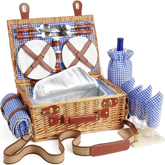 DHAEE Wicker Picnic Basket Set for 4 Person with Cooler Compartment and Waterproof Picnic Blanket,Removable Strap,Wine Bag,Cutlery Set,for Camping,Day Travel,Beach,Hiking,BBQ and Family/Couples Gifts-