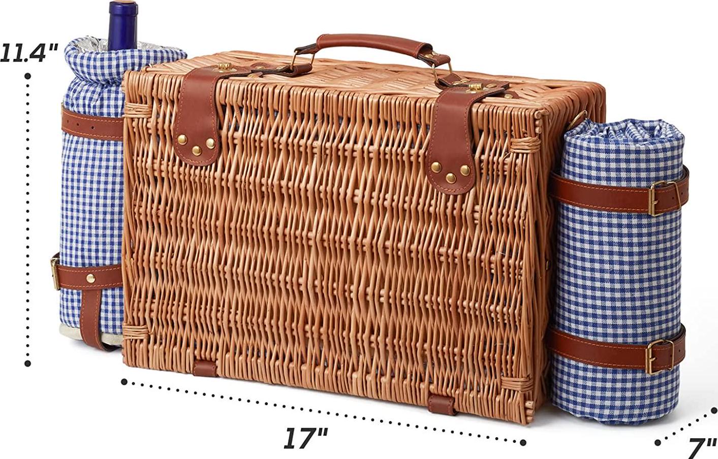 DHAEE Wicker Picnic Basket Set for 4 Person with Cooler Compartment and Waterproof Picnic Blanket,Removable Strap,Wine Bag,Cutlery Set,for Camping