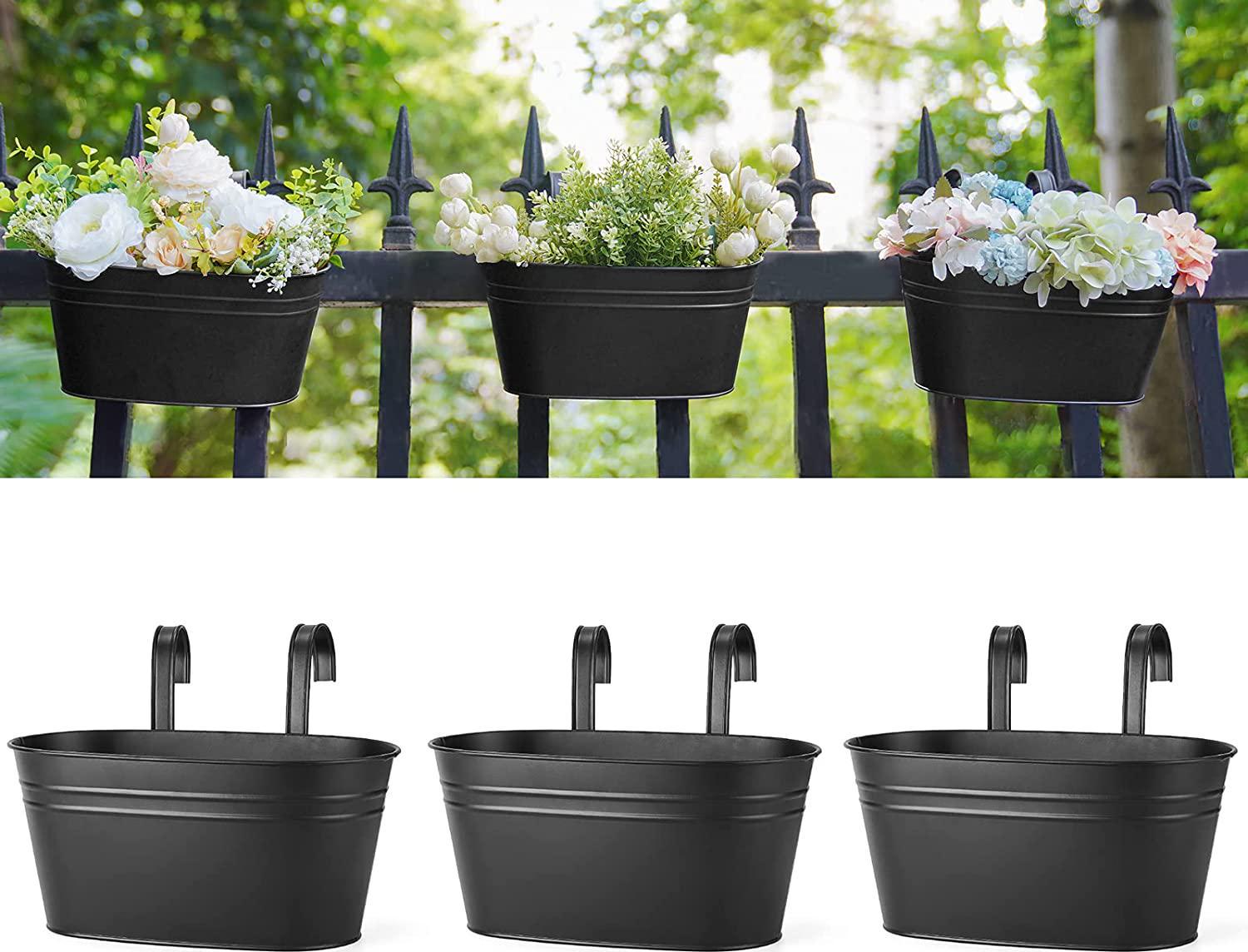 Dahey Metal Iron Hanging Flower Pots for Railing Fence Hanging Bucket Pots Countryside Style Window Flower Plant Holder with Detachable Hooks Home Decor,Black,3 Pcs-