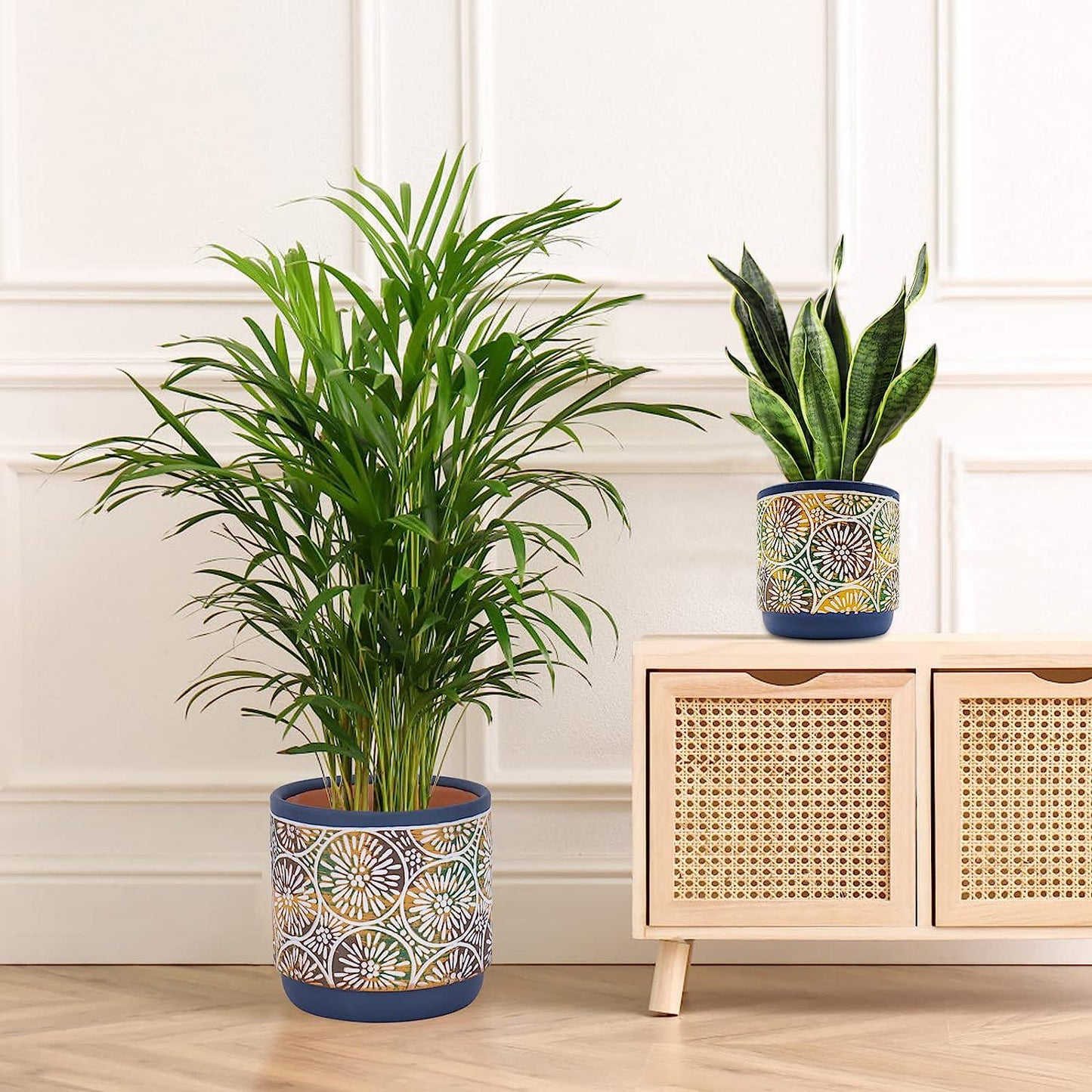 DeeCoo 3 Piece Ceramic Plant pots Indoor Pots Set with Drainage Holes, 5.7/4.7/3.5/inch, Modern Decorative pots Outdoor Plants Lilies, Cacti, Succulents, Snakes, and Bamboo (Blue)