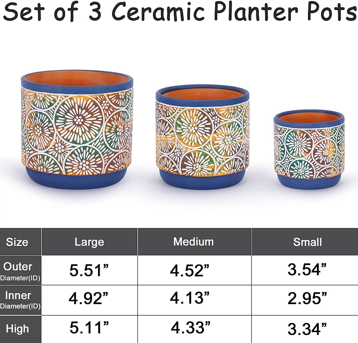 DeeCoo 3 Piece Ceramic Plant pots Indoor Pots Set with Drainage Holes, 5.7/4.7/3.5/inch, Modern Decorative pots Outdoor Plants Lilies, Cacti, Succulents, Snakes, and Bamboo (Blue)