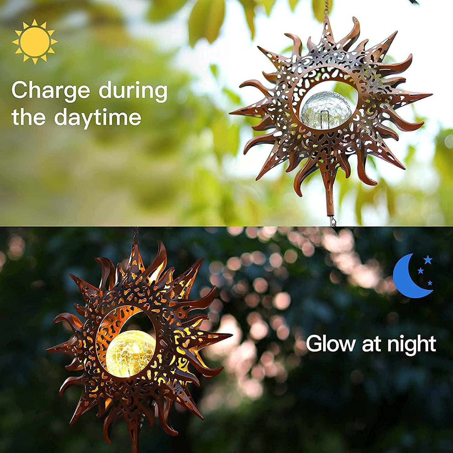 Solar Wind Chimes, Sun Wind Chime Outdoor Clearance w/Glowing Crackle Glass LED Unique Wind Bells for Outside Waterproof Chimes, Gifts for Her/Him (42 Long Metal Chimes)