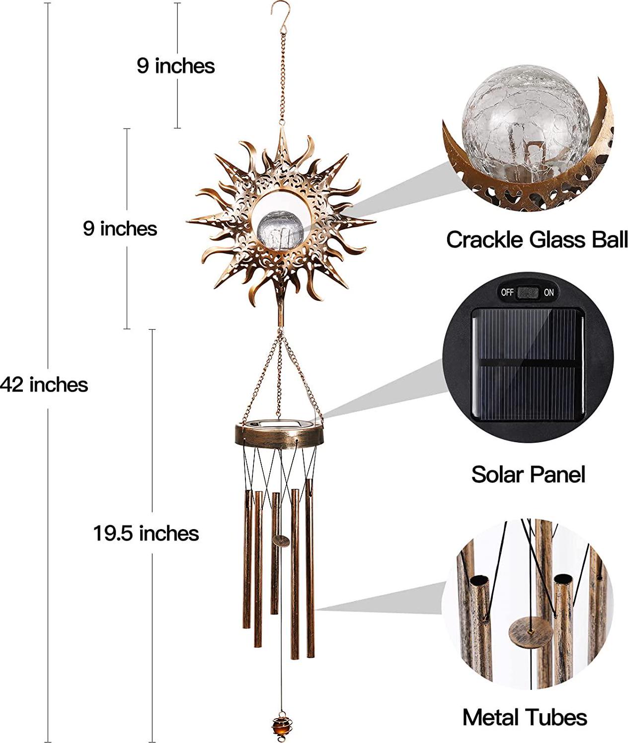 Solar Wind Chimes, Sun Wind Chime Outdoor Clearance w/Glowing Crackle Glass LED Unique Wind Bells for Outside Waterproof Chimes, Gifts for Her/Him (42 Long Metal Chimes)