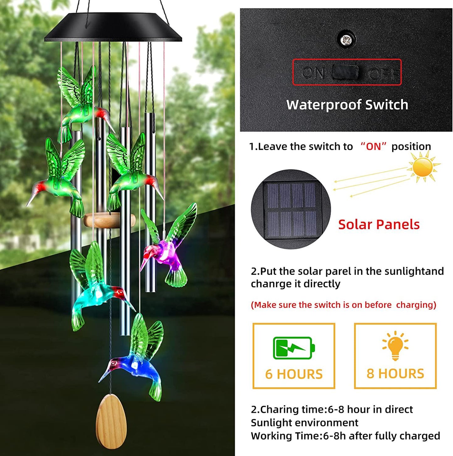 Wind Chimes,Hummingbird Solar Wind Chimes for Outside,Aluminum Tubes Memorial Wind Bell for Garden/Patio Decor Thanksgiving Gifts for Mom, Wife, Grandma Neighbors(25 Inch Deep Tone)