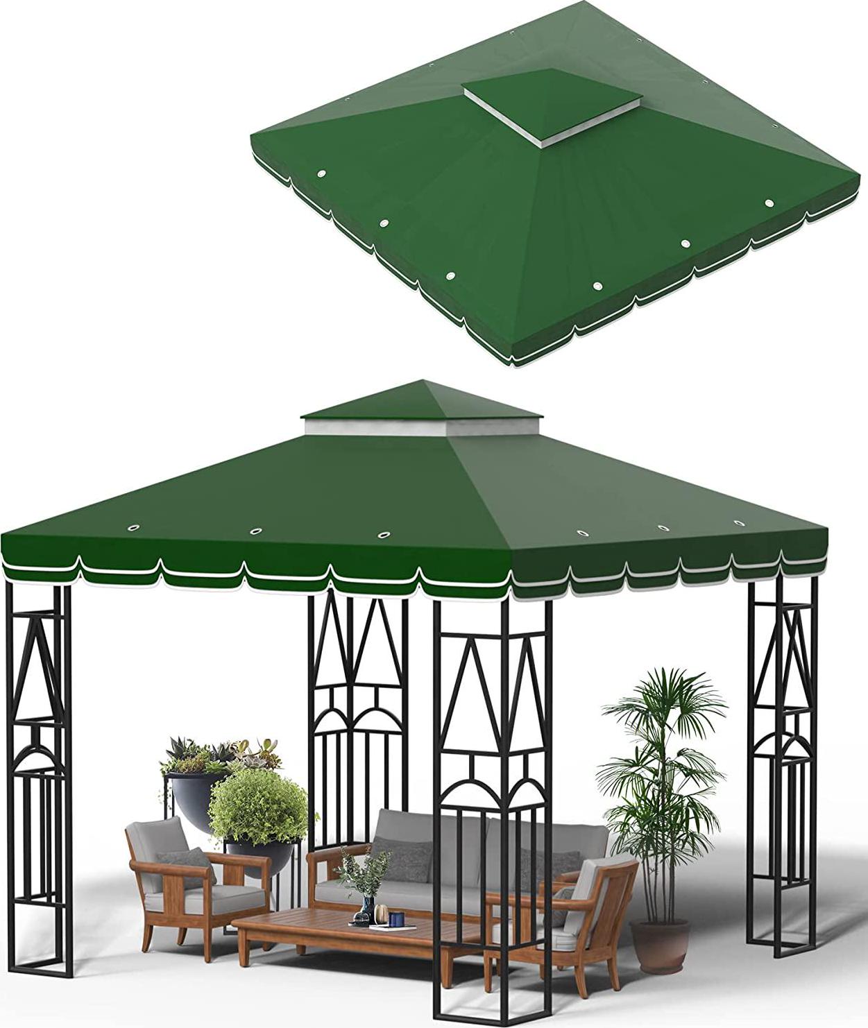 DesiDear 10x10 Canopy Replacement Top Canopy Cover Replacement 10x10 FT Double Tiered Gazebo Covers for Yard Patio Garden Canopy Sunshade (Green with lace)-