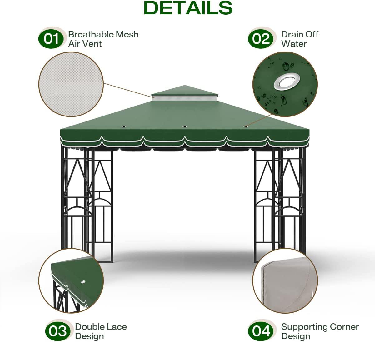 DesiDear 10x10 Canopy Replacement Top Canopy Cover Replacement 10x10 FT Double Tiered Gazebo Covers for Yard Patio Garden Canopy Sunshade (Green with lace)