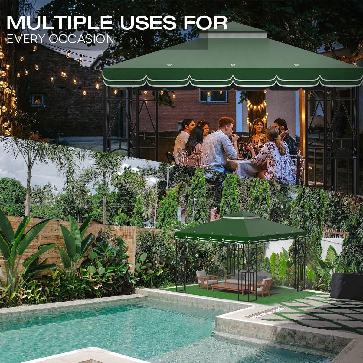 DesiDear 10x10 Canopy Replacement Top Canopy Cover Replacement 10x10 FT Double Tiered Gazebo Covers for Yard Patio Garden Canopy Sunshade (Green with lace)