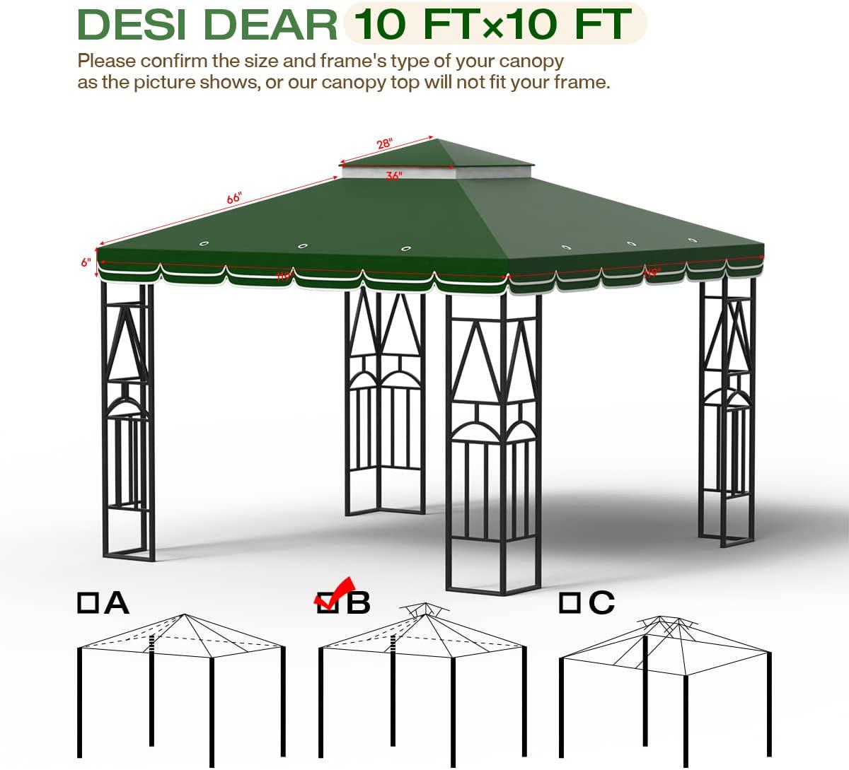 DesiDear 10x10 Canopy Replacement Top Canopy Cover Replacement 10x10 FT Double Tiered Gazebo Covers for Yard Patio Garden Canopy Sunshade (Green with lace)