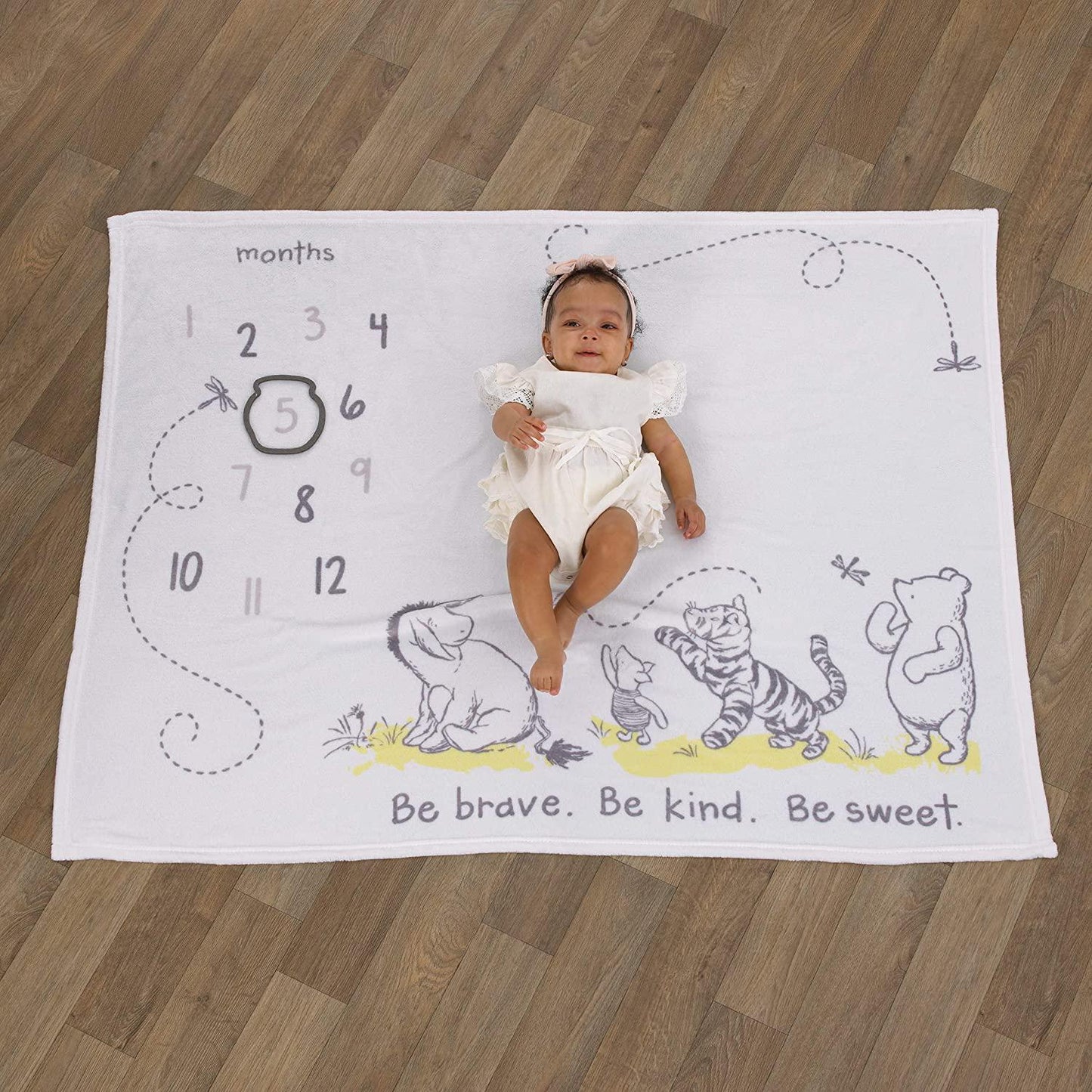 Disney Classic Winnie The Pooh, White, Grey and Lime Super Soft Milestone Baby Blanket, White, Grey, Lime, Charcoal