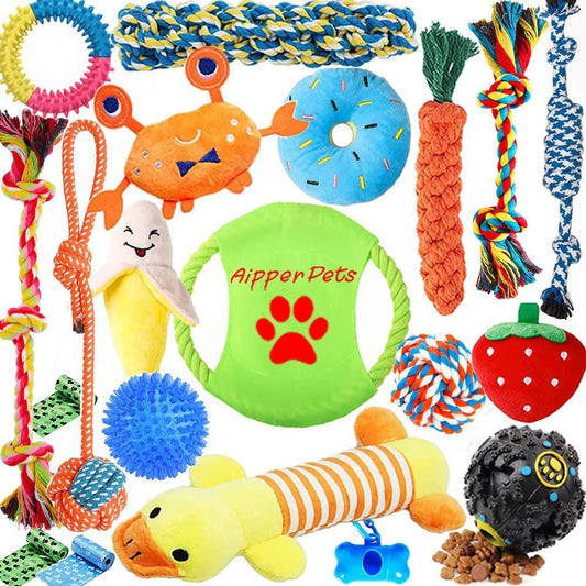 Dog Puppy Toys 20 Pack, Puppy Chew Toys for Fun and Teeth Cleaning, Dog Squeak Toys,Treat Dispenser Ball, Tug of War Toys-