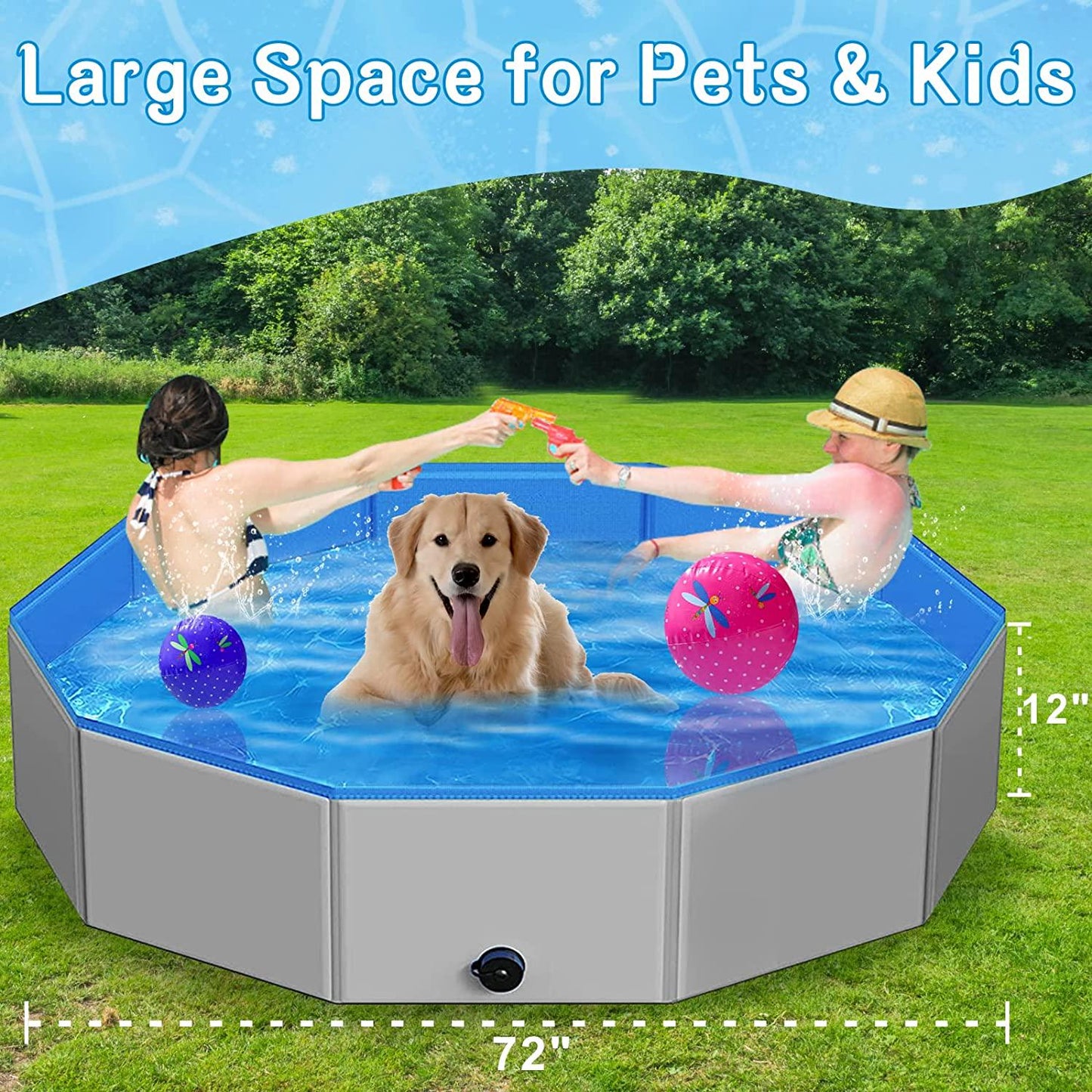 Dog Pool Foldable 72 *12 , Kiddie Pool Hard Plastic for Kids Pets, Dog Swimming Pool Portable Baths for Large Dogs Wading Outdoor, Portable Bathtub for Puppy