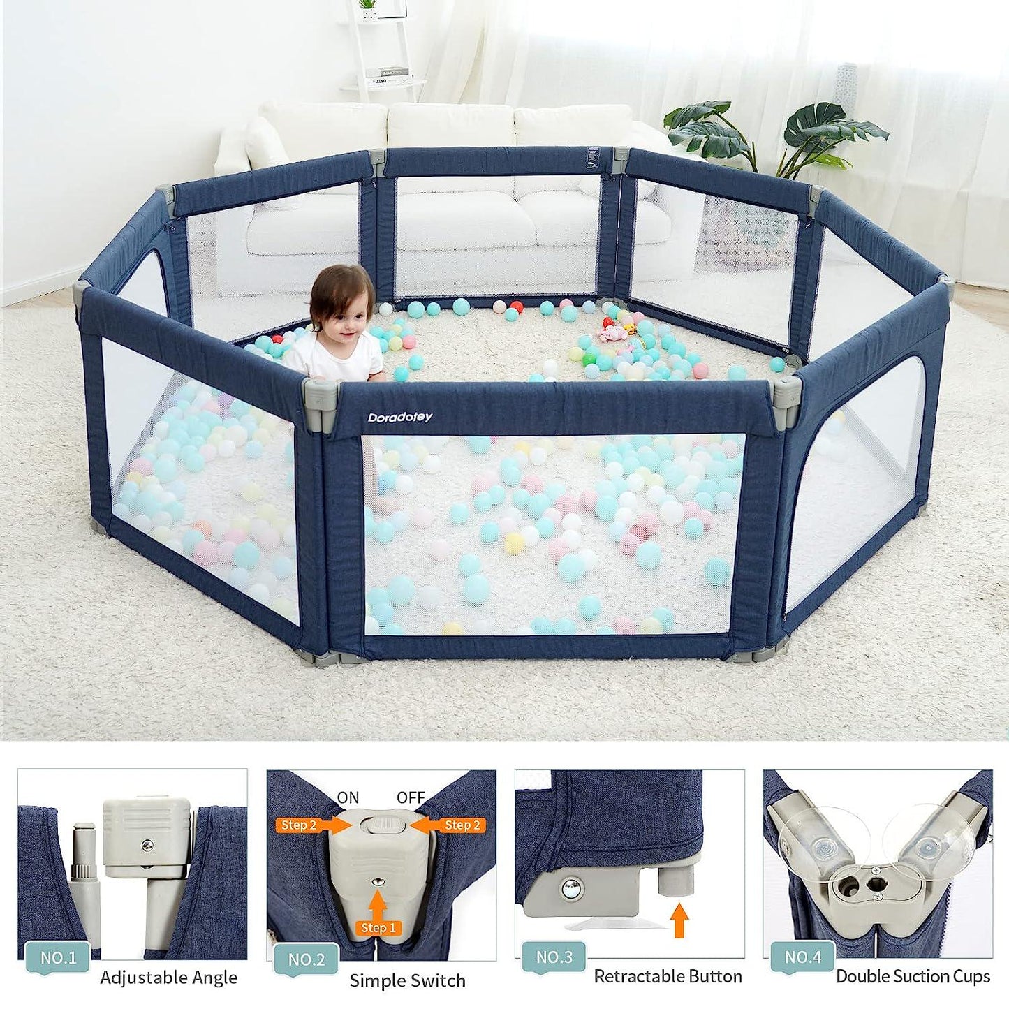 Doradotey Baby Playpen, Shape and Size Adjustable Large Play Center Yards Play Pens for Babies, Foldable Infant Playpen Baby Fence Play Yard Safety Toddler Playpen(Navy Blue)