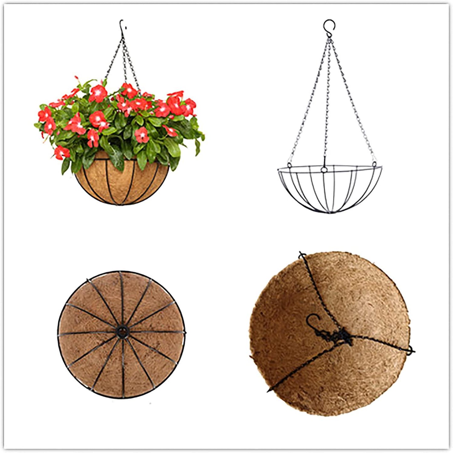 EIMQUVW Outdoor Metal Hanging Planters Basket (2pack, 8 inch) Hanging Baskets for Plants Chain Round Wire Plant Holder with Coco Fiber Liners for Garden, Patio, Deck, Porch