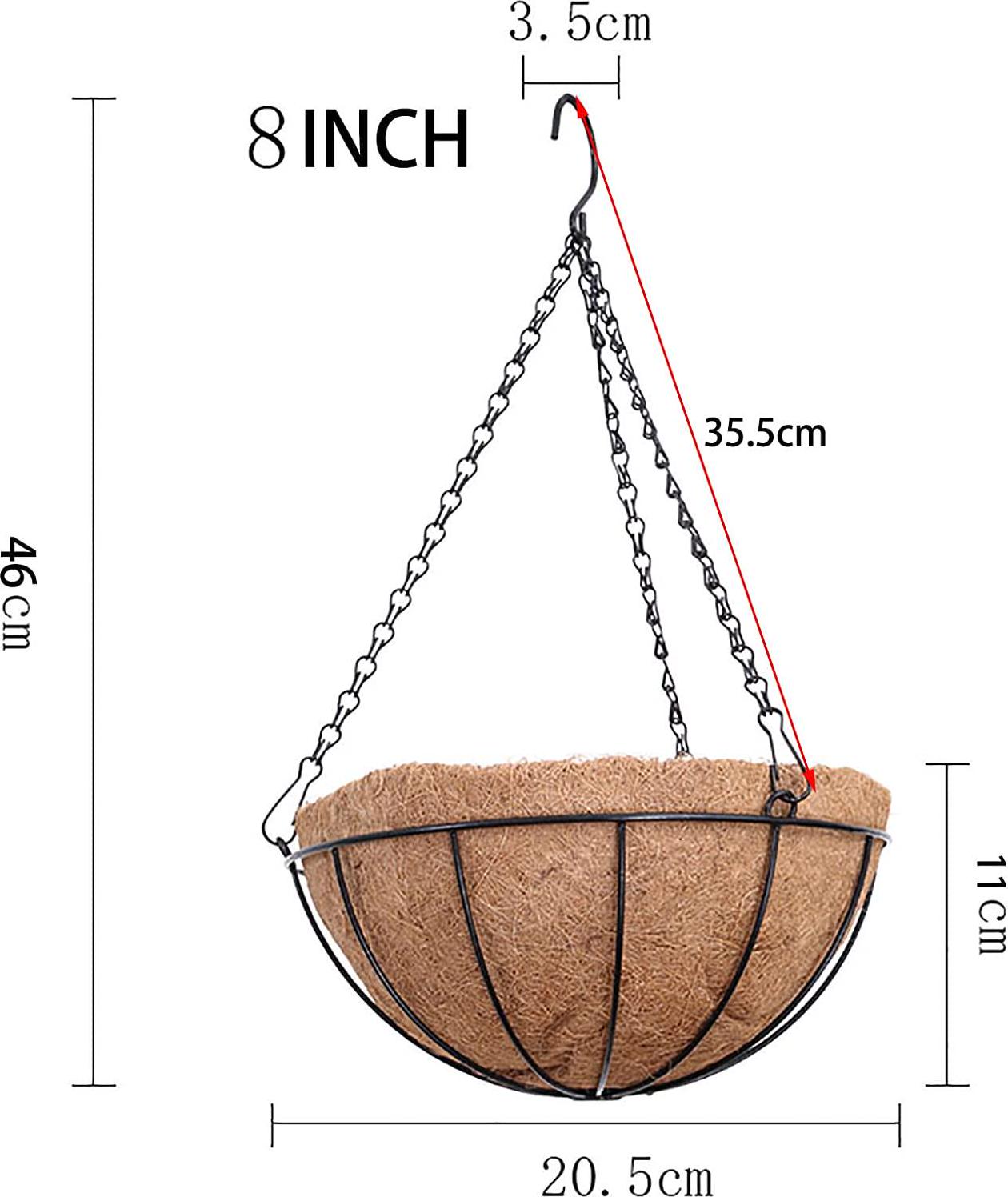 EIMQUVW Outdoor Metal Hanging Planters Basket (2pack, 8 inch) Hanging Baskets for Plants Chain Round Wire Plant Holder with Coco Fiber Liners for Garden, Patio, Deck, Porch