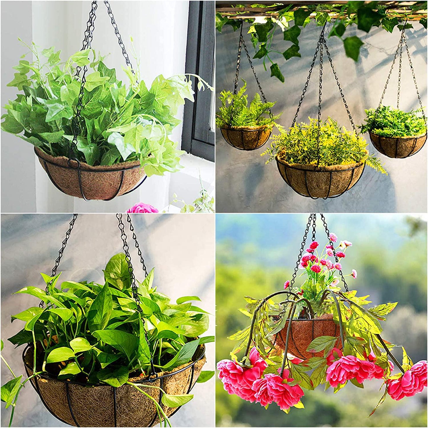 EIMQUVW Outdoor Metal Hanging Planters Basket (2pack, 8 inch) Hanging Baskets for Plants Chain Round Wire Plant Holder with Coco Fiber Liners for Garden, Patio, Deck, Porch