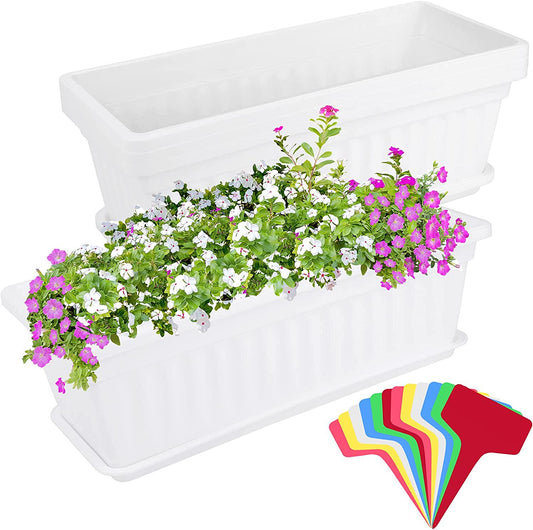 ELCOHO 3 Pack Flower Window Box Planters 17 Inches Plastic Vegetable Plant Pot Rectangular Planters with Trays for Windowsill, Patio, Porch, Garden, Home Decor (White)-