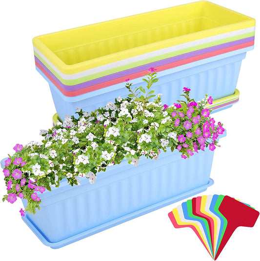 ELCOHO 6 Pack Flower Window Box Planters 17 Inches Plastic Vegetable Plant Pot Rectangular Planters with Trays for Windowsill, Patio, Porch, Garden, Home Decor (Multicolor)-