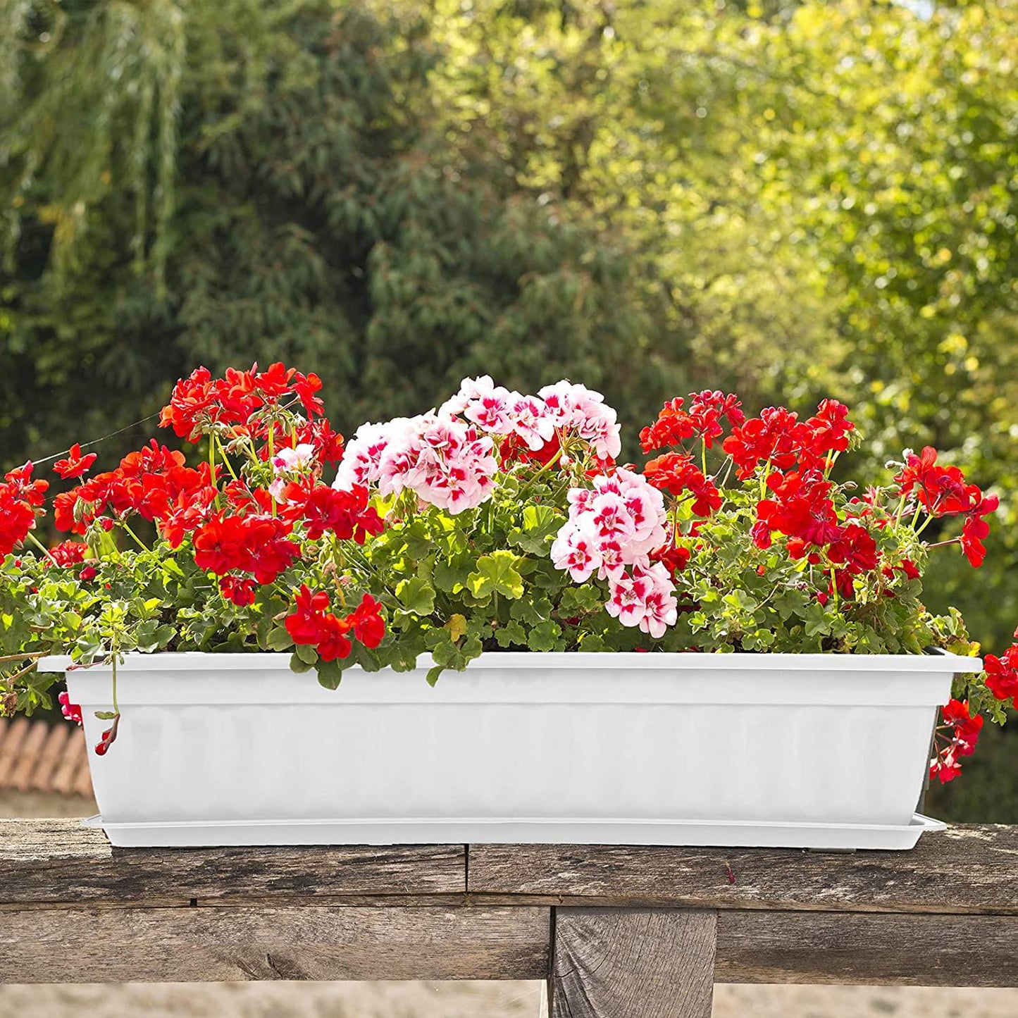 ELCOHO 3 Pack Flower Window Box Planters 17 Inches Plastic Vegetable Plant Pot Rectangular Planters with Trays for Windowsill, Patio, Porch, Garden, Home Decor (White)